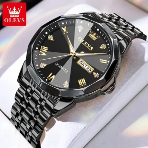 OLEVS 9931 Quartz Watch For Men – Rhombus Mirror Stainless Steel Waterproof Date & Week Luxury Wristwatch